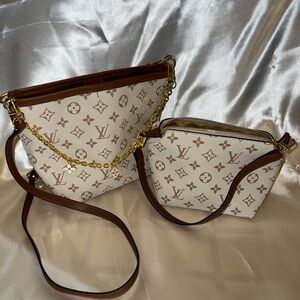 Monogram Cream and Brown Shoulder Bag Set